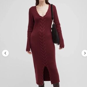 NAADAM RIBBED WOOL CASHMERE CABLE FRONT MIDI MERLOT DRESS SIZE XS-$495